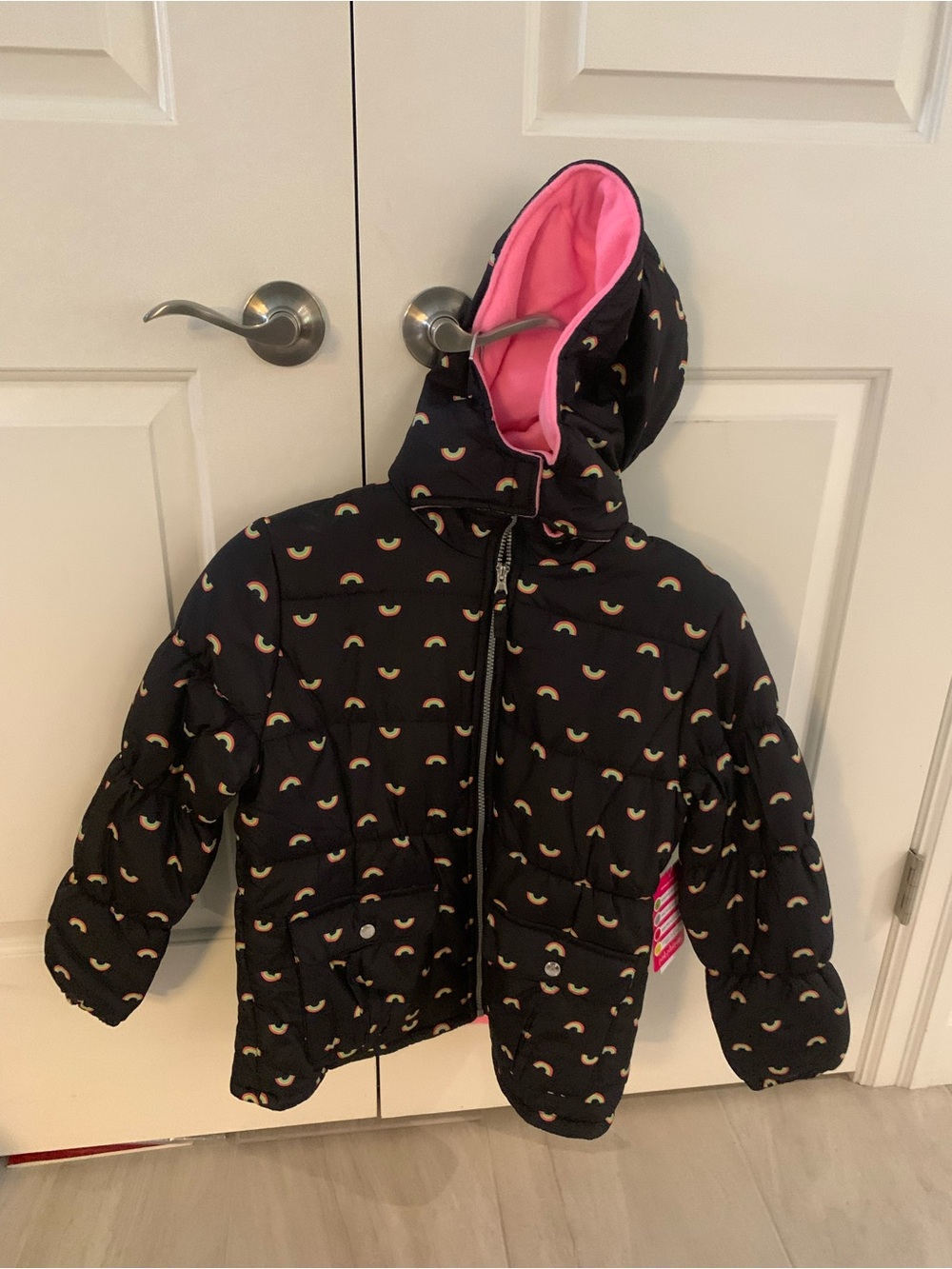 NEW Pink Platinum Black Puffer Jacket with Pink Hood Lining and Rainbow Print